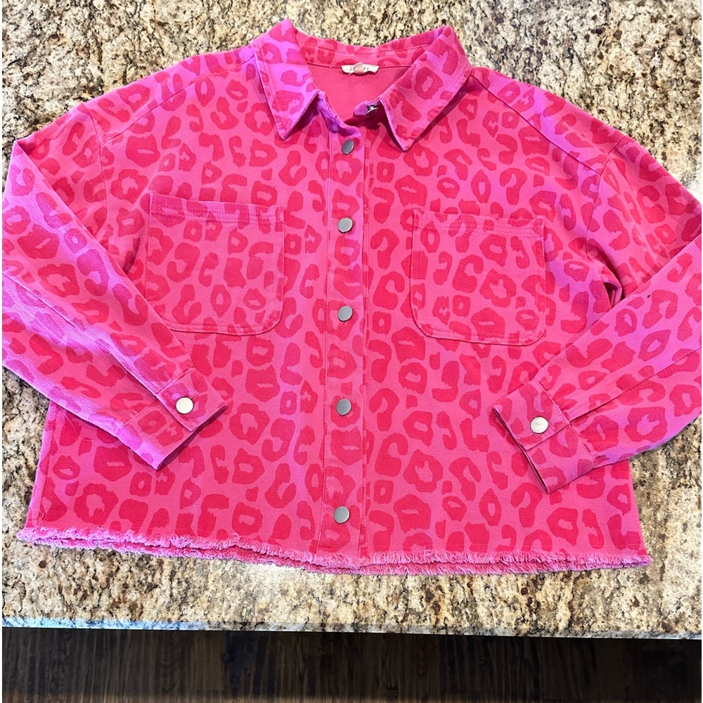 EUC JODIFL Pink and Red Leopard Denim Jacket -Large